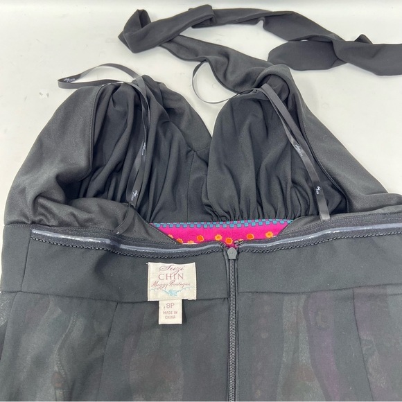 Suzi Chin For Maggy Boutique Silk Halter Dress Size 8P Black V Neck Floral Print - Picture 10 of 13